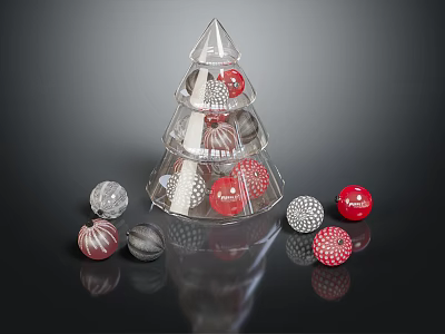 Cartoon Characters and Animal Themed Ornaments Around Clear Tiered Christmas Tree 3d model