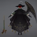 Witch Woman In Green And Black Robe With Black Wings Hat And Broomstick