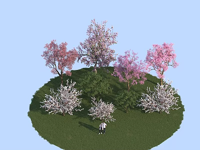 Beautiful Plant Combination With Pink And White Flowering Trees On Green Grassland 3d model