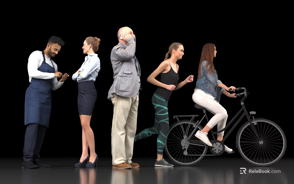 Diverse Group of People Standing Running and Cycling Against Black Background 3d model 