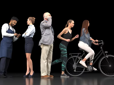 Diverse Group of People Standing Running and Cycling Against Black Background 3d model