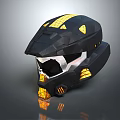 Sleek Futuristic Black Helmet With Yellow Accents Metallic Finish And Geometric Design