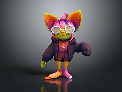 Vibrant 3D Cartoon Creature Character With Large Ears Pink Glasses Green Skin Hoodie And Shorts 3d model