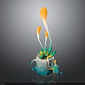 Broken White And Blue Cup With Yellow Plants Slender Stems And Fragments