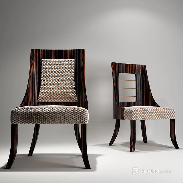 Modern Dining Chairs With Dark Wooden Frame Striped Backrest And Light Woven Seat Cushion 3d model 