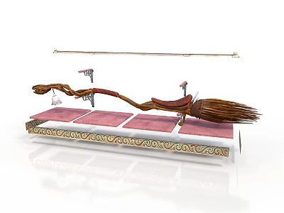 Decorative Wicker Broom on Display Platform With Ornate Base Pink Mats and Metal Frame 3d model