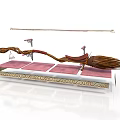 Decorative Wicker Broom on Display Platform With Ornate Base Pink Mats and Metal Frame