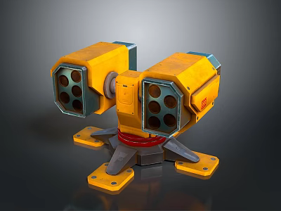 Yellow Mechanical Device With Symmetrical Square Sections And Circular Holes On Base 3d model