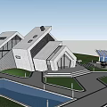 Modern Detached Villa Featuring Unique Geometric Architecture Swimming Pool and Green Garden