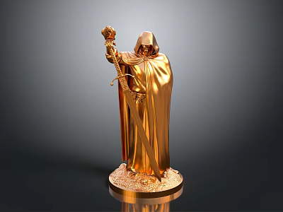 Elegant Golden Hooded Robed Statue With Scepter And Sword On Base 3d model