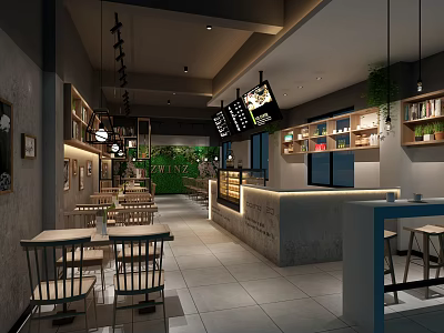 Dessert Shop Interior Design With Cozy Seating Green Plants And Wooden Display Shelves 3d model