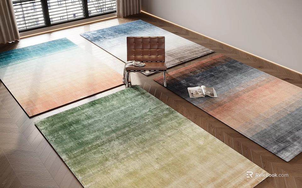 Square Rugs With Gradient Colors On Wooden Floor In Modern Interior 3d model 