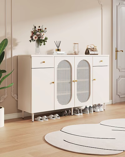 White Shoe Cabinet With Grid Doors Golden Handles And Decorative Items On Top 3d model