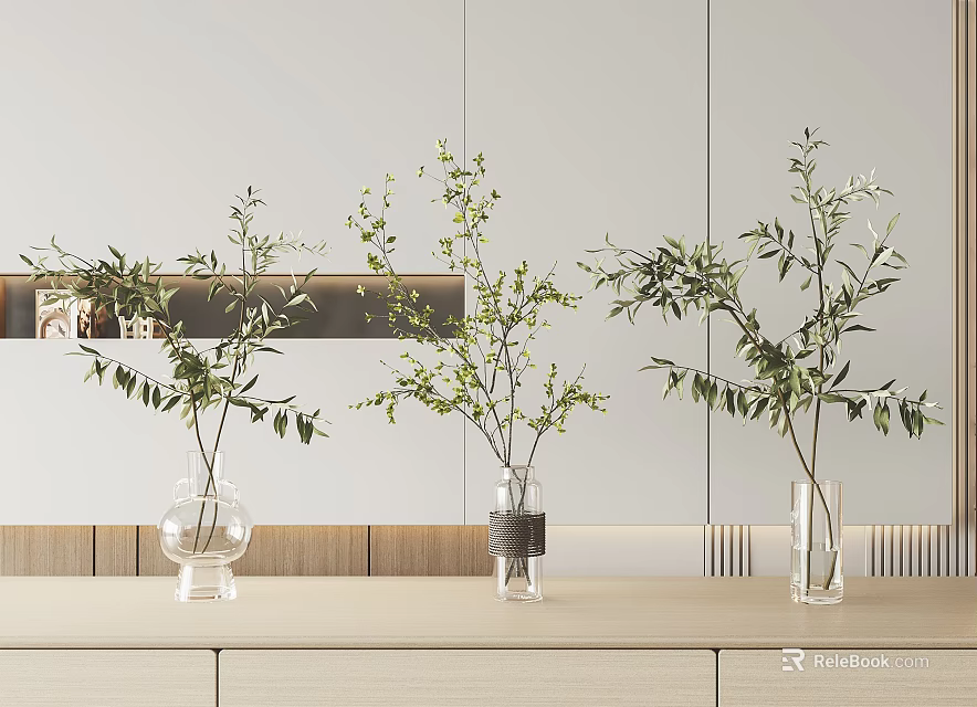 Three Transparent Glass Vases With Green Branches On Light Wooden Cabinet Against Light Wall 3d model 
