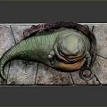 Obese Green Game Movie Character With Orange Belly Sitting On Stone Platform