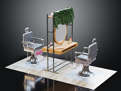 Stylish Dressing Table With Round Mirror Hanging Greenery And Silver Salon Chairs 3d model