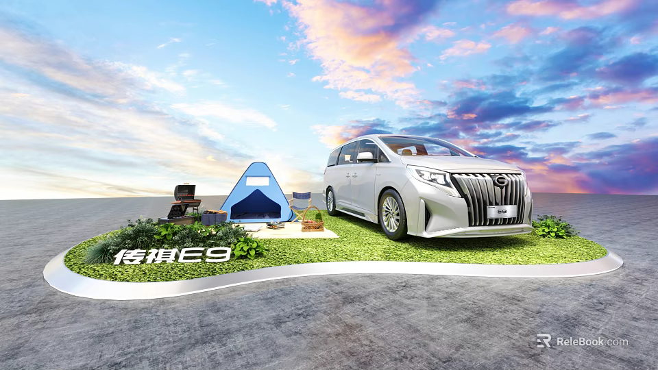 Trumpchi E9 MPV Outdoor Camping Setup With Tent Chair Grass And Sunset Sky 3d model 