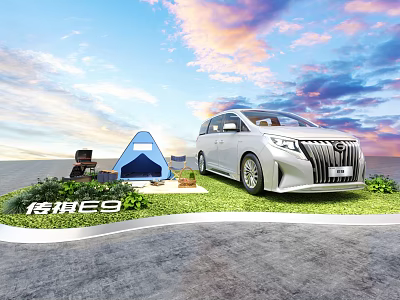 Trumpchi E9 MPV Outdoor Camping Setup With Tent Chair Grass And Sunset Sky 3d model