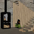 Modern Fireplace Interior With Stone Wall Wooden Stairs And Stacked Firewood