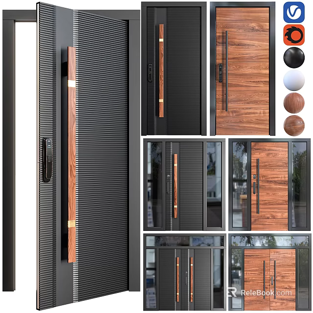 Modern Swing Door Designs With Wooden Panels And Black Frames For Interior Exterior 3d model 