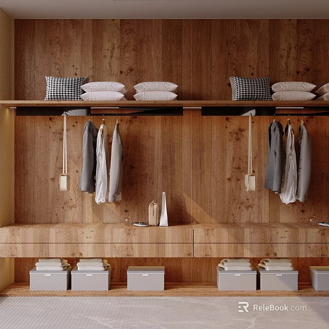 Modern Wooden Wardrobe Design With Open Shelves Hanging Clothes And Storage Drawers 3d model 