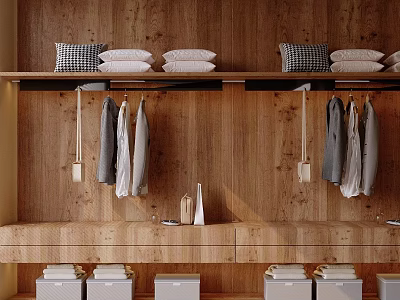 Modern Wooden Wardrobe Design With Open Shelves Hanging Clothes And Storage Drawers 3d model