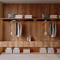 Modern Wooden Wardrobe Design With Open Shelves Hanging Clothes And Storage Drawers