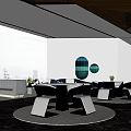 Contemporary Lounge Area With Blue Sofa Round Wall Art Tables And Floor to Ceiling Windows