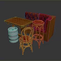 Wooden Dining Table With Red Tufted Banquette Sofa Orange Bar Stools And Silver Keg