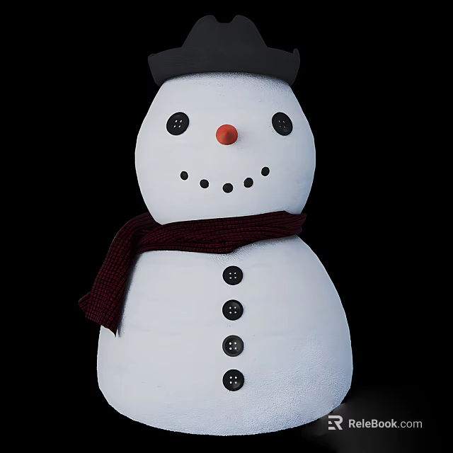 Adorable White Snowman With Black Hat Red Scarf Smiling Face and Black Buttons 3d model 