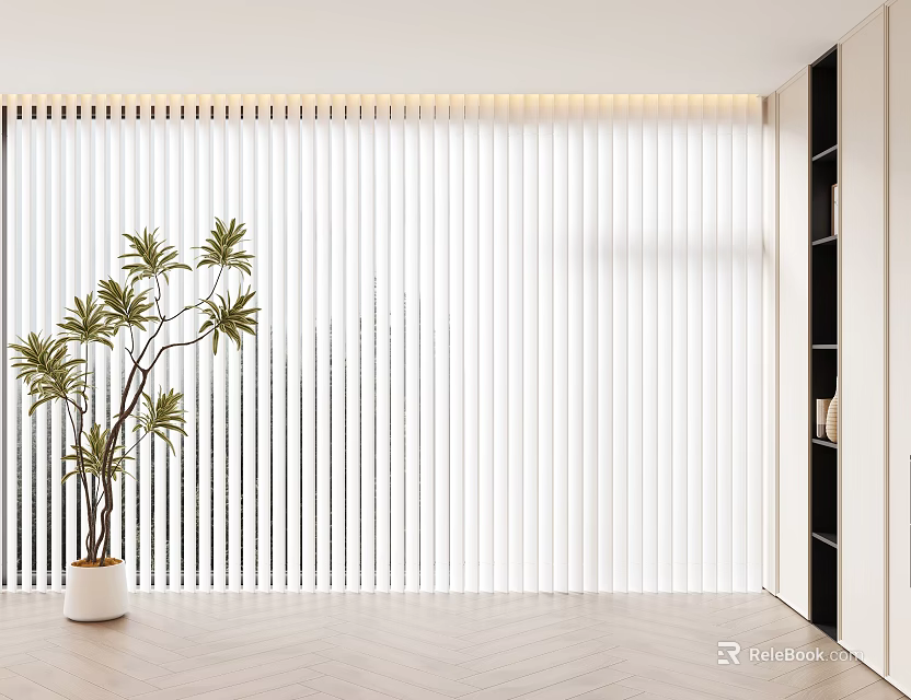 White Curtains Interior With Green Plant Black Shelves And Wooden Floor 3d model 
