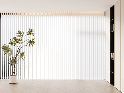White Curtains Interior With Green Plant Black Shelves And Wooden Floor 3d model