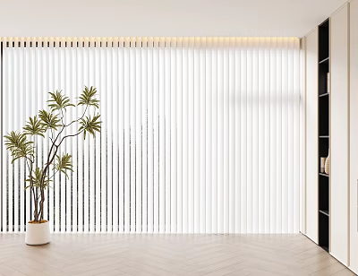 White Curtains Interior With Green Plant Black Shelves And Wooden Floor 3d model