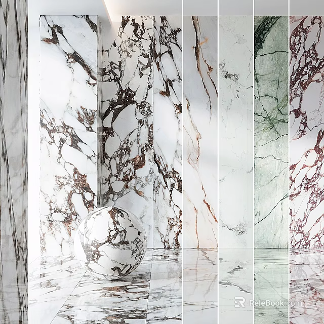 Marble Slabs With Different Colors And Varied Patterns Displayed With A Marble Sphere 3d model