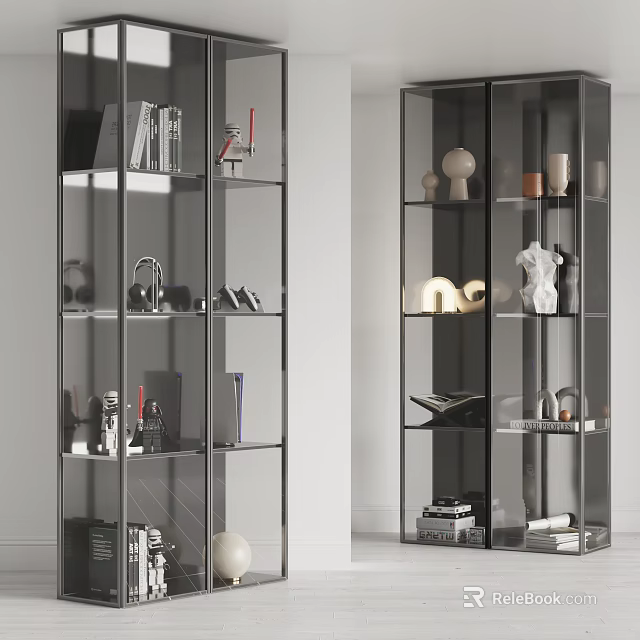 Modern Glass Display Cabinet With Multiple Shelves Books Sculptures And Vases 3d model 