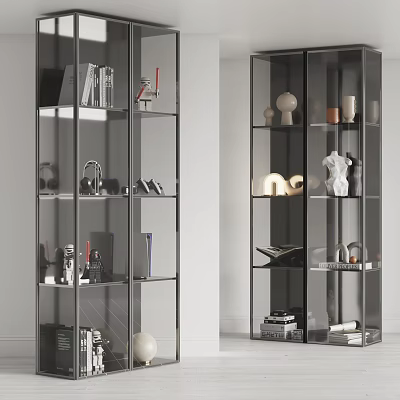 Modern Glass Display Cabinet With Multiple Shelves Books Sculptures And Vases 3d model