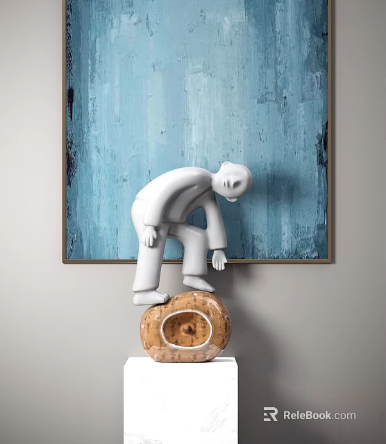 Modern Decorative Ornament Set With White Humanoid Sculpture Hollow Stone Base And Blue Textured Painting 3d model 