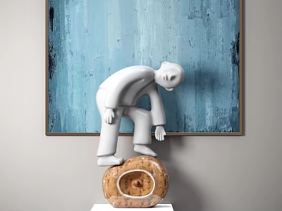 Modern Decorative Ornament Set With White Humanoid Sculpture Hollow Stone Base And Blue Textured Painting 3d model