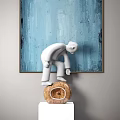 Modern Decorative Ornament Set With White Humanoid Sculpture Hollow Stone Base And Blue Textured Painting