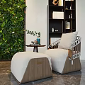 Stylish Leisure Sofa Set With Armchairs Ottoman And Green Plant Wall Interior