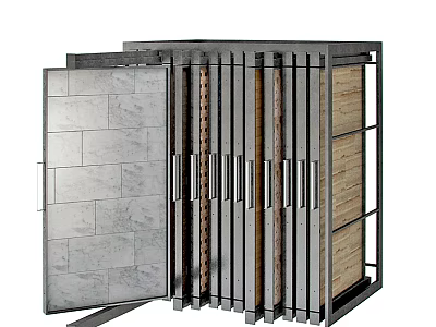Contemporary Display Shelving Unit Featuring Metal Frame Wooden Stone Panels and Multiple Sections 3d model