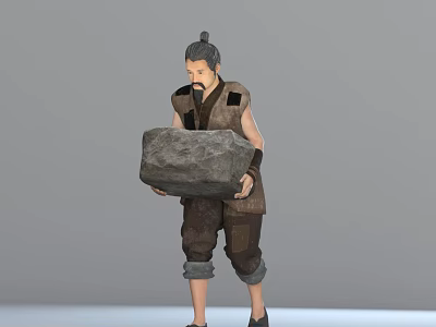 Elderly Man With Tied Up Hair Carrying Large Stone In Worn Clothes 3d model