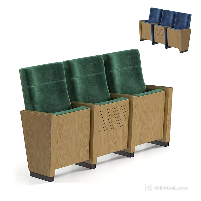 Three Seat Public Chair With Wooden Frame And Green Padded Seats Backrest 3d model 