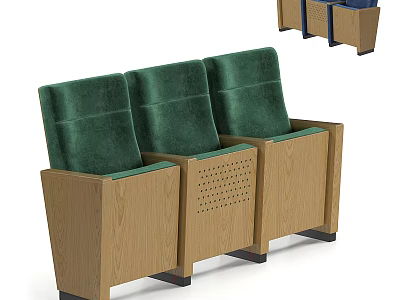 Three Seat Public Chair With Wooden Frame And Green Padded Seats Backrest 3d model