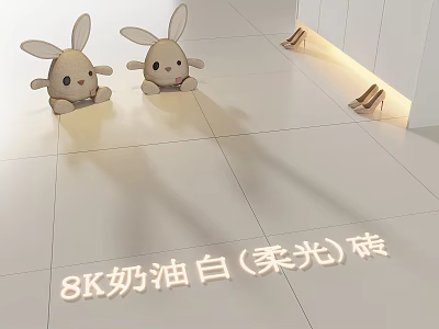 8K Cream White Matt Floor Tiles With Bunny Dolls And Shoes 3d model