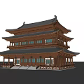 Ancient Chinese Architecture Three Story Wooden Structure With Black Tiled Roof And Overhanging Eaves