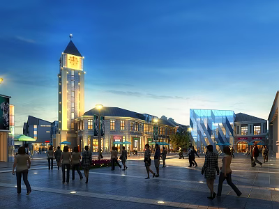 Commercial Street With Clock Tower People Walking On Square Modern Traditional Architecture Under Evening Lights 3d model