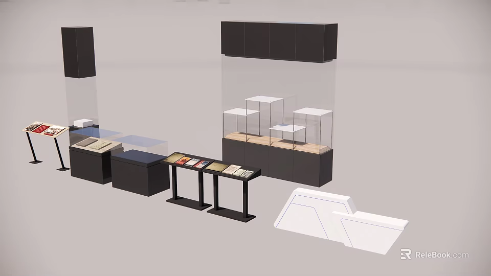 Modern Ornament Display Set With Glass Display Cases Black Cabinets And Display Stands 3d model 