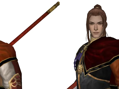 Game and Movie Character In Traditional Red Gold Outfit With Cape Rod And Topknot 3d model