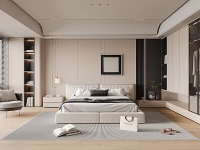 Modern Bedroom Interior Design With Comfortable Bed Wardrobe Rug And Wall Art 3d model